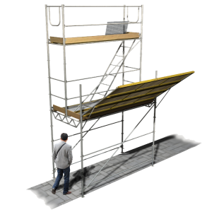 Estructura de protección de paso peatonal bajo andamio de fachada con visera Estructura de protección de paso peatonal bajo andamio de fachada con visera